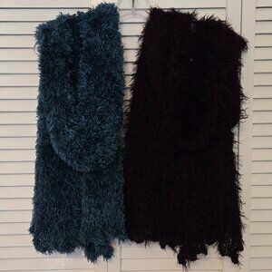 Set of 2 Long Fuzzy Scarves - Teal Blue and Chocolate Brown